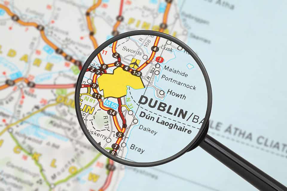 Tourist conceptual image: Destination - Dublin (with magnifying glass)