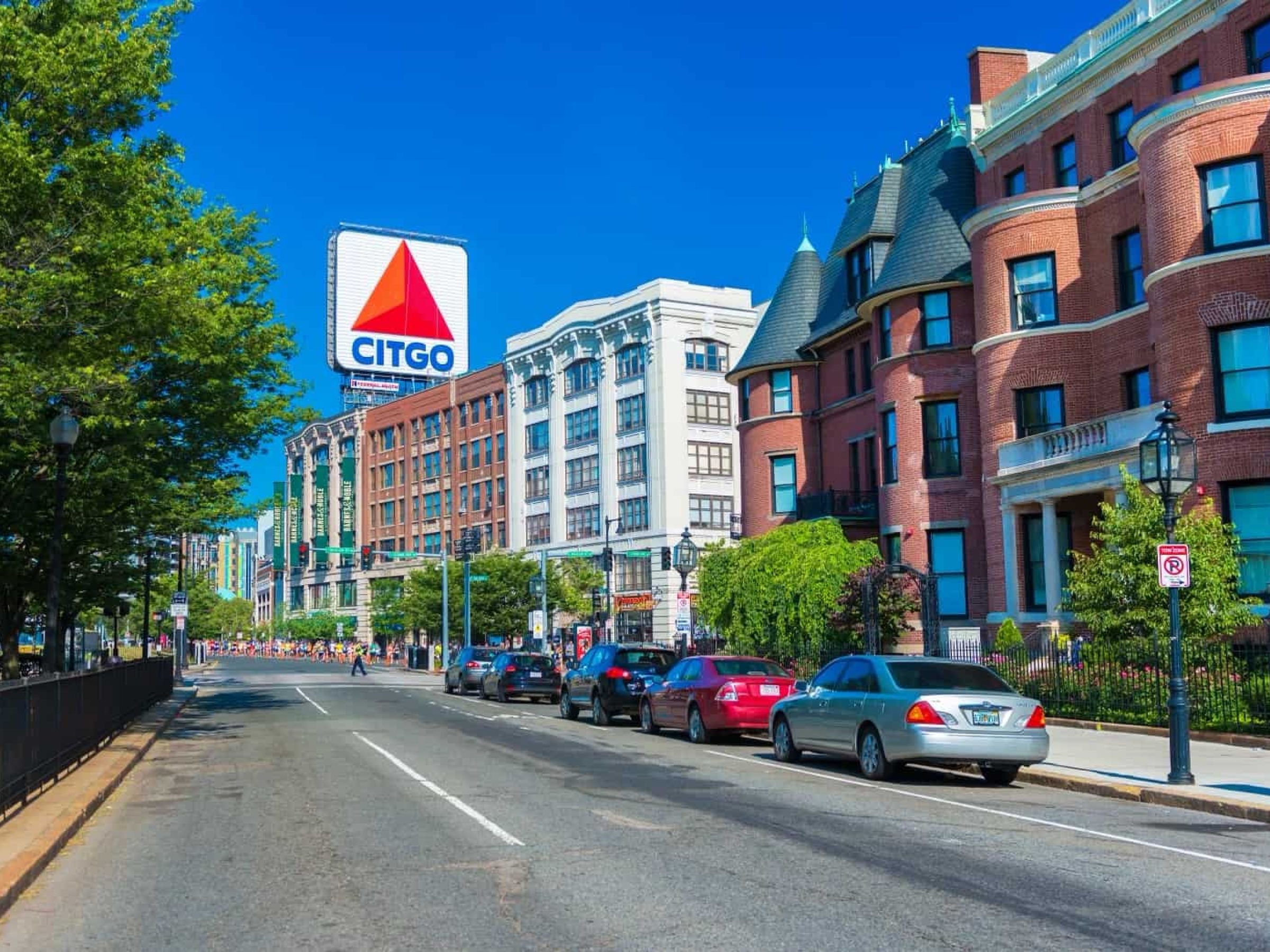 Boston, Massachusetts - June of 2016, USA: Boston marathon, view of Kenmore Square and big Citgo logo on rooftop of building