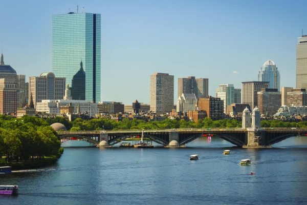 The skyline of Boston in Massachusetts, USA on a sunny summer day.